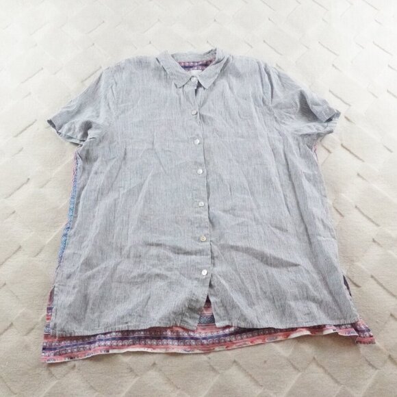 J.Jill Linen Button Up Top Womens Large Mix Media Floral Black Short Sleeve - Picture 1 of 10